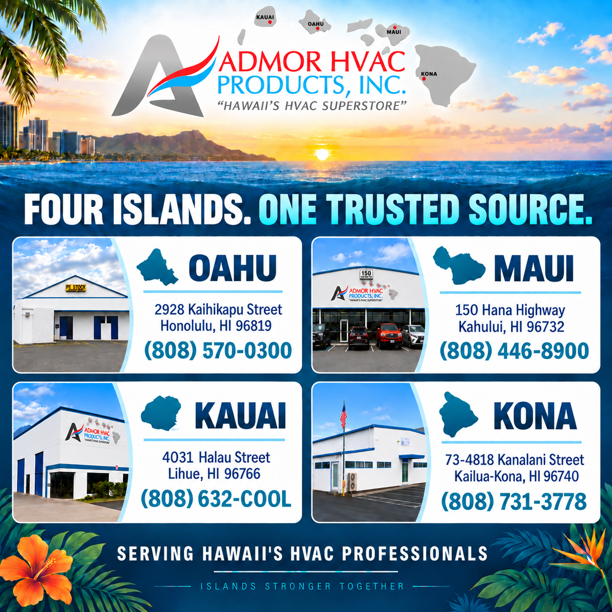 Admor HVAC Products locations on Oahu, Maui, Kauai, and Kona with branch addresses and phone numbers