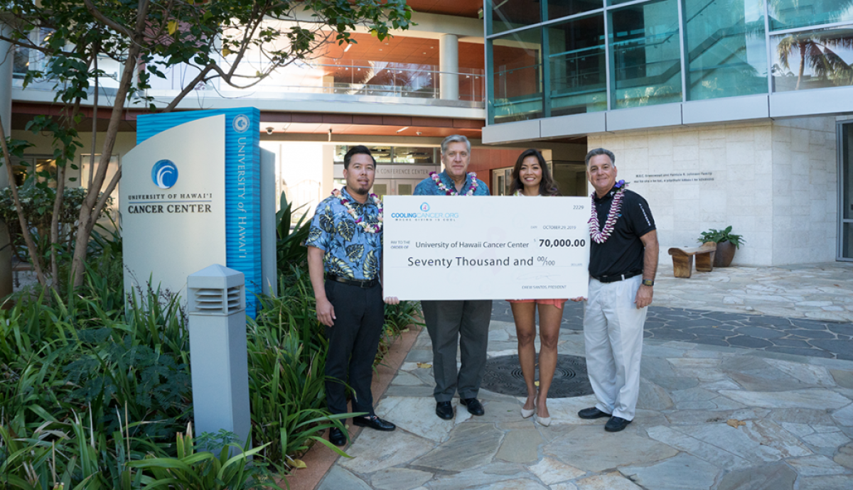Pictured from left to right: Corey Correa, Landmark Logistics; Dr. Randall Holcombe, Director University of Hawaii Cancer Center; and Shirley and Drew Santos, Cooling Cancer.