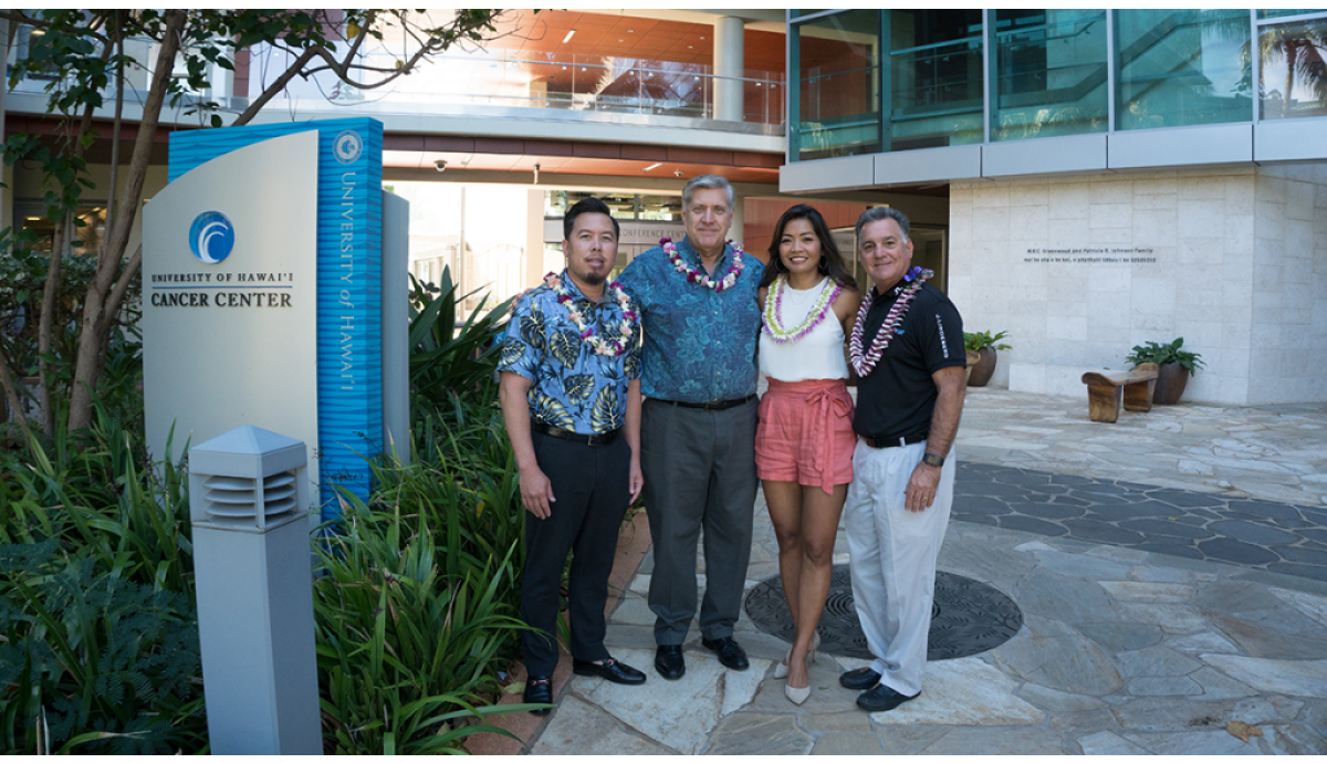 Pictured from left to right: Corey Correa, Landmark Logistics; Dr. Randall Holcombe, Director University of Hawaii Cancer Center; and Shirley and Drew Santos, Cooling Cancer.