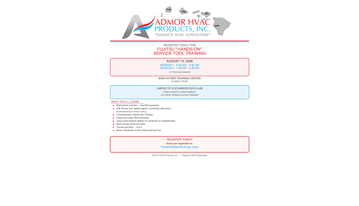 Fujitsu hands-on Service Tool Training flyer for August 10, 2026