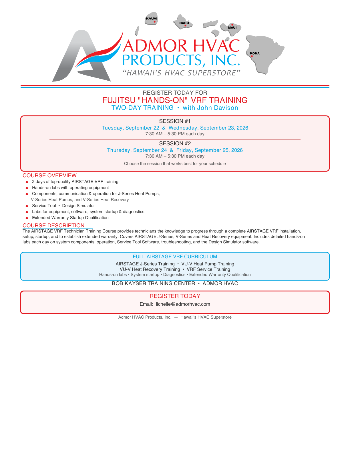 Fujitsu hands-on VRF two-day training flyer for September 2026